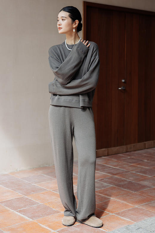 绽放665-JC666朵/绵羊毛慵懒感宽松落肩针织套头毛衣直筒长裤套装 商品图5