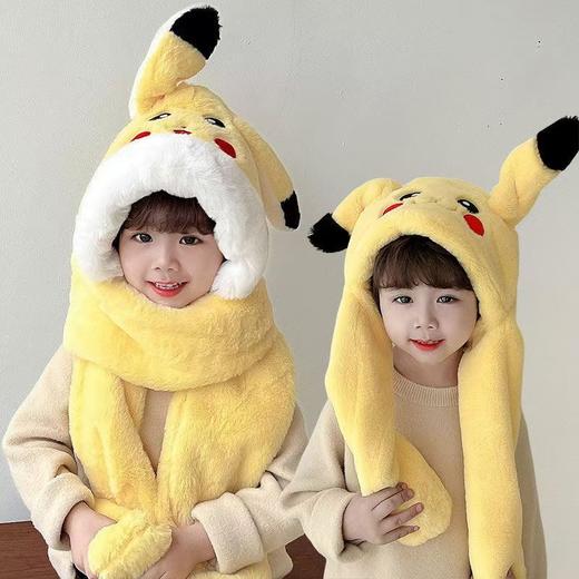 【耳朵会动，保暖冬季帽子】皮卡丘可爱帽子围巾一体 秋冬女耳朵会动连帽围脖 保暖三件套亲子款-QQ 商品图2