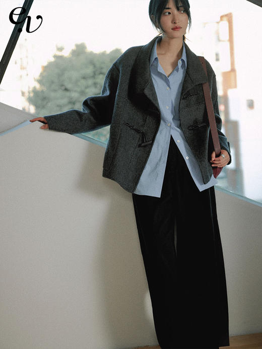 Even Vintage|老钱风 高奢耗牛绒蚕丝 廓形感双面呢牛角扣短大衣 商品图0