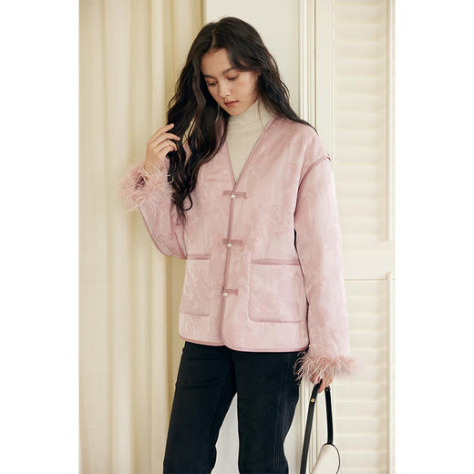 HeyDress新中式盘扣棉服女冬季加厚保暖棉衣国风设计感提花外套 商品图3