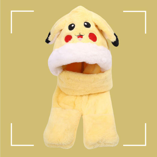 【耳朵会动，保暖冬季帽子】皮卡丘可爱帽子围巾一体 秋冬女耳朵会动连帽围脖 保暖三件套亲子款-QQ 商品图4