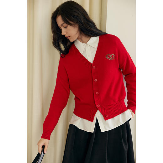 HeyDress蛇年限定针织开衫女冬季新年设计感本命年红色毛衣上衣 商品图0