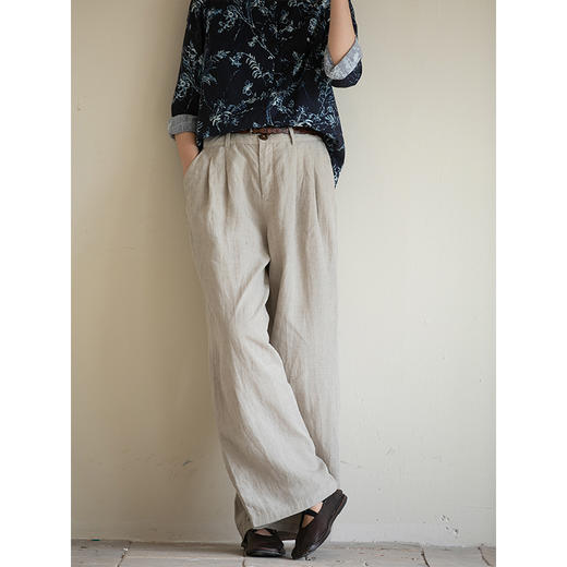 牧衣游原创 进口雨露麻原色阔腿裤女新款宽松显瘦休闲裤 简静风 商品图1