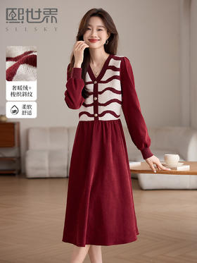 【专属特价】熙世界2025冬季新款圣诞穿搭条纹针织拼接假两件V领红色连衣裙女