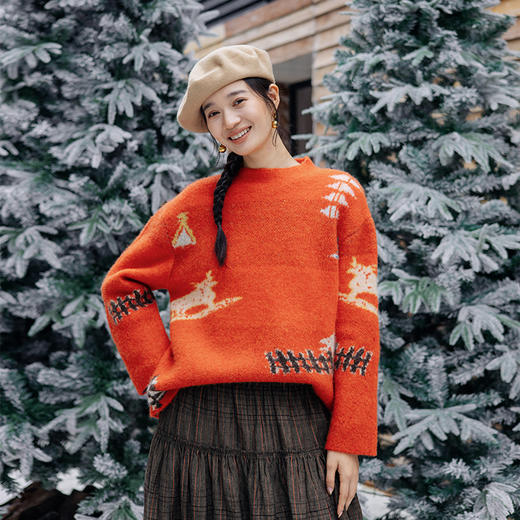 绽放834朵/阿勒泰毛衣羊毛混纺冬牧场动物提花圣诞保暖套头毛杉 商品图0