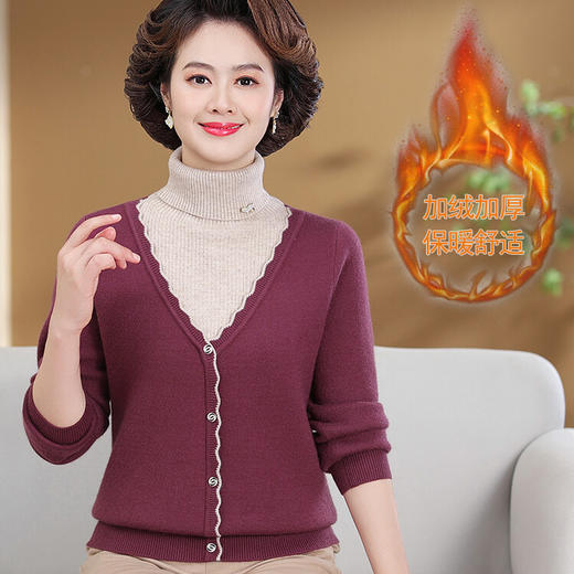 QY2385加绒加厚中老年妈妈装毛衣女减龄拼接 商品图0