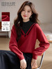 【1件75折】熙世界假两件针织打底衫女秋冬套头宽松撞色半高领拼接圣诞红毛衣 商品缩略图0