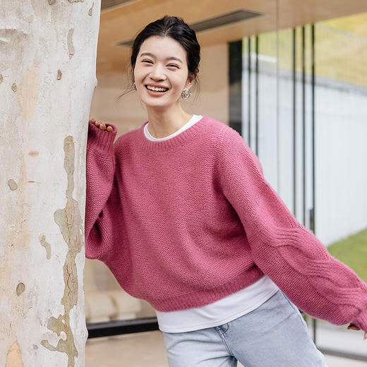 绽放874朵/chao重磅桑蚕丝山羊绒毛衣立体绞花灯笼袖套头毛针织衫 商品图0