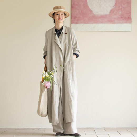 牧衣游原创 进口雨露麻原色风衣新款古朴宽松轻薄文艺长外套 寻野 商品图0