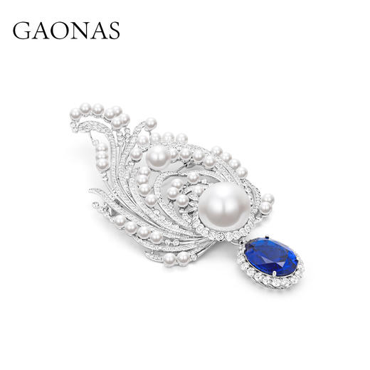 GAONAS 925银仿珍珠胸针 碧海月光曲 典雅贵气蓝色珠胸针 11181ZB 商品图1