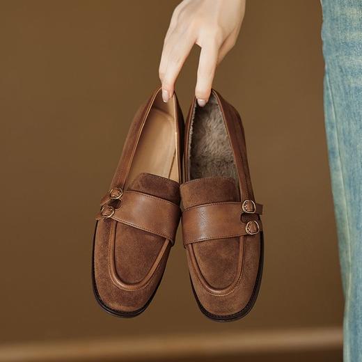 【预售5天】冬季新款加绒保暖毛毛鞋兔毛鞋垫，英伦风中跟小皮鞋羊反绒乐福鞋NGMZR&72-10 商品图0