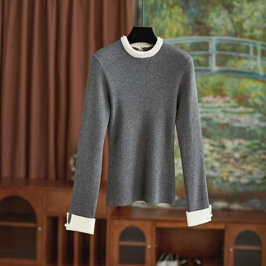 【高货wl】全新升级【铂金会员183/天猫239/差价56】(10607) 洛诗琳秋冬新款高级感轻奢珍珠领优雅修身羊毛针织衫女 商品图1