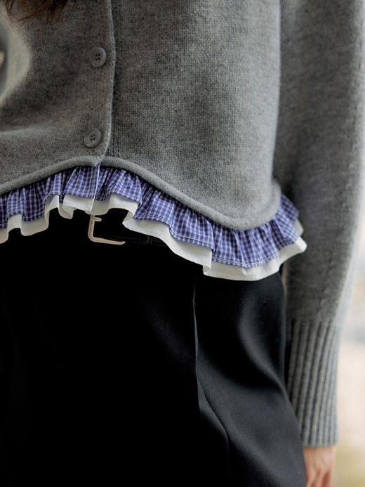 Even Vintage| 100％羊毛 不规则木耳边下摆设计针织开衫女秋冬新 商品图2