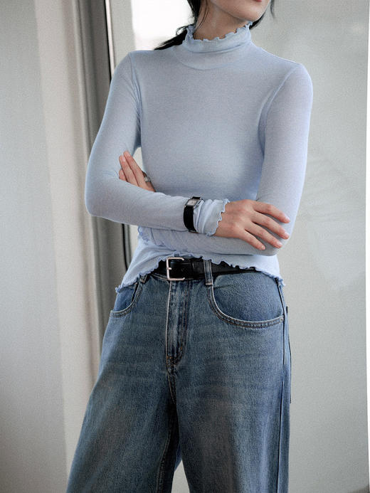 Even Vintage|天丝羊毛混纺 木耳边堆堆领修身微透高领针织打底衫 商品图4