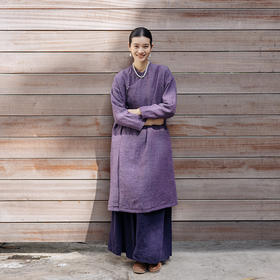 绽放847朵/紫气东来连衣裙亚麻色织新中式盘扣斜开门襟绗棉长裙