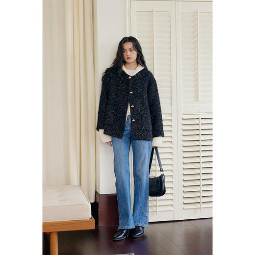 HeyDress花纱小香风外套女冬季圆领宽松显瘦粗花呢厚款黑色上衣 商品图2