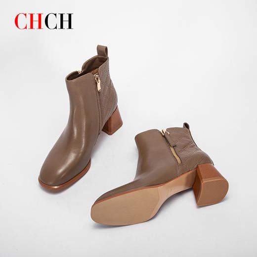 CHCH平衡鞋秋冬新款粗跟方头牛皮时尚女靴CM2B6111 商品图3