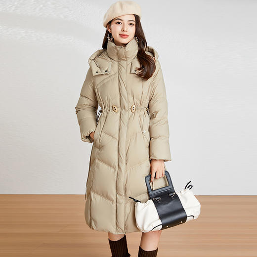 【高货kbnq】全新升级【铂金会员928/天猫1259/差价331】(14228) 洛诗琳2024冬季新款时尚收腰过膝加厚连帽长款羽绒服 商品图0