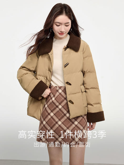 【年终特卖】熙世界安可拉红色复古撞色毛绒翻领棉服冬季牛角扣外套短款棉衣 商品图1