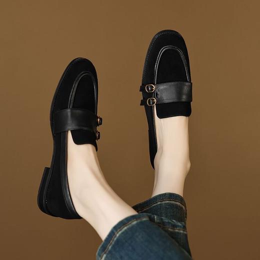 【预售5天】冬季新款加绒保暖毛毛鞋兔毛鞋垫，英伦风中跟小皮鞋羊反绒乐福鞋NGMZR&72-10 商品图1