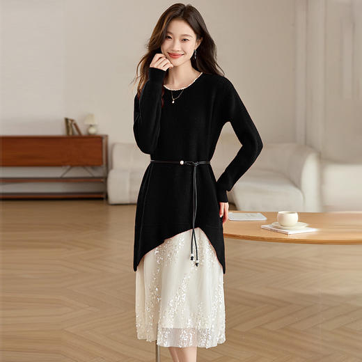 CC-XFY-2295网纱拼接过膝红色毛衣裙女秋冬2024新款内搭中长款收腰系带连衣裙 商品图2