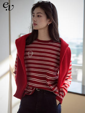 【现货】Even Vintage|时髦热红酒 文艺复古细条纹针织衫立体绣花时髦上衣