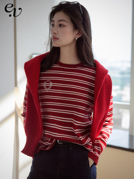 【现货】Even Vintage|时髦热红酒 文艺复古细条纹针织衫立体绣花时髦上衣 商品图0