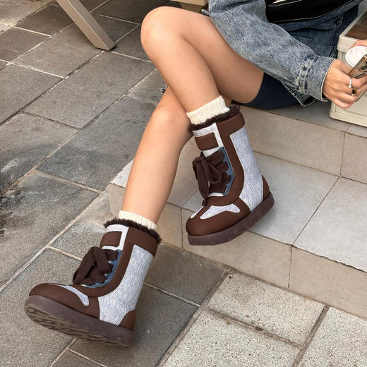 lost in echo2024秋冬新款加绒保暖填充感撞色拼接绑带面包雪地靴 商品图4