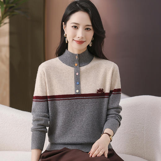 CC-101-35459拼色羊毛针织衫女秋冬新款韩版宽松时尚百搭拼色保暖毛衣打底衫厚 商品图2