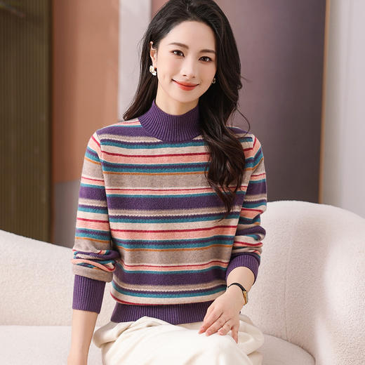 CC-101-35464秋冬新款羊毛针织衫复古洋气条纹显瘦毛衣女半高领打底衫厚 商品图3