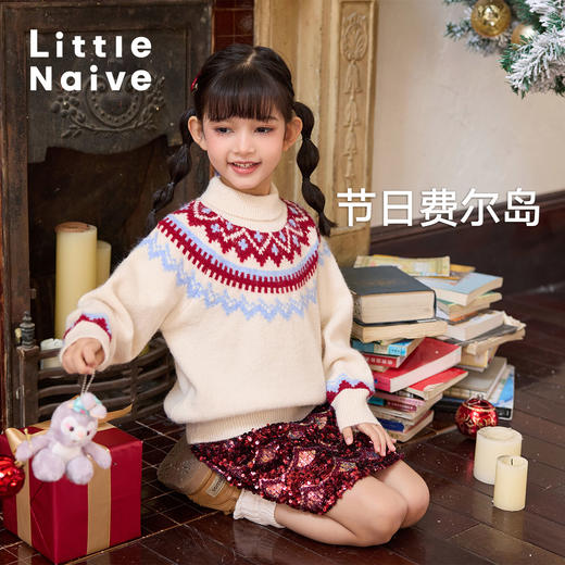 LittleNaive女童圣诞毛衣半高领费尔岛套头毛衣冬儿童复古针织衫 商品图2