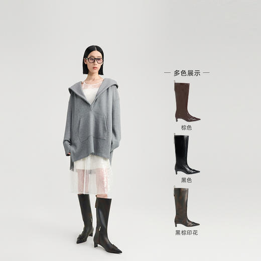 lost in echo2024秋冬新款猫跟尖头气眼条带低跟长靴高筒靴子女 商品图1