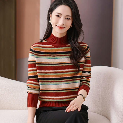 CC-101-35464秋冬新款羊毛针织衫复古洋气条纹显瘦毛衣女半高领打底衫厚 商品图2