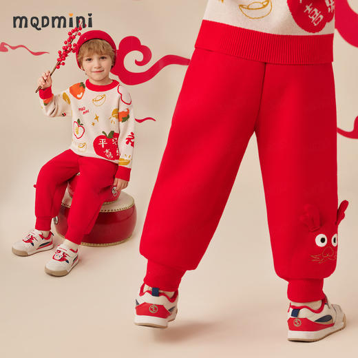 【保暖北极绒】【MQDmini】【90-140】男童冬款裤子加绒加厚红色保暖长裤 商品图0