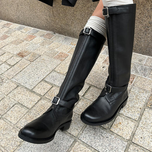 lost in echo2024秋季新款厚底真皮圆头扣带长筒靴骑士靴子马靴女 商品图4