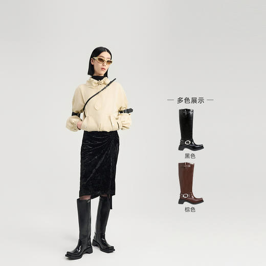 lost in echo2024秋冬新款时尚牛皮方头扣饰直筒机车靴子长筒靴女 商品图1