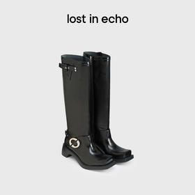 lost in echo2024秋冬新款时尚牛皮方头扣饰直筒机车靴子长筒靴女