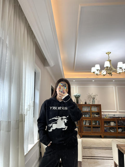 1218-3 独家圆正 BBR黑色羊毛羊绒 徽标字母 骑士战马 情侣款 连帽针织衫 商品图4