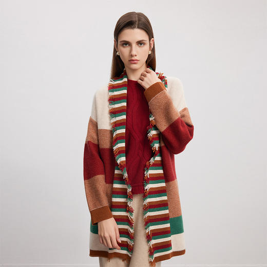 【条纹撞色羊绒开衫】羊绒世家秋冬新品女士100%山羊绒针织开衫外套 商品图1