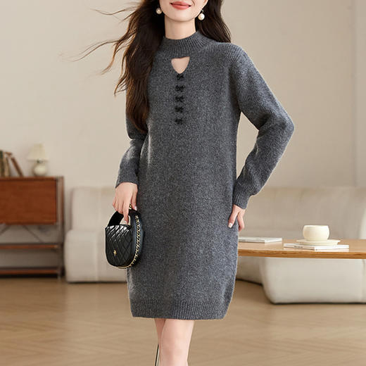 CC-XFY-2297秋冬季新款好看慵懒风加厚气质宽松遮肚子中长款半高领毛衣裙女 商品图1