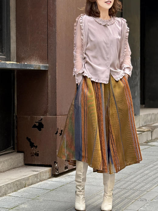 TYNVIE 网眼纱袖木耳边真丝上衣-粉色 商品图4