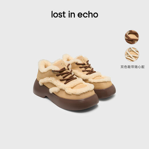 lost in echo2024秋冬新款休闲羊毛毛茸茸加绒圆头厚底面包板鞋女 商品图0