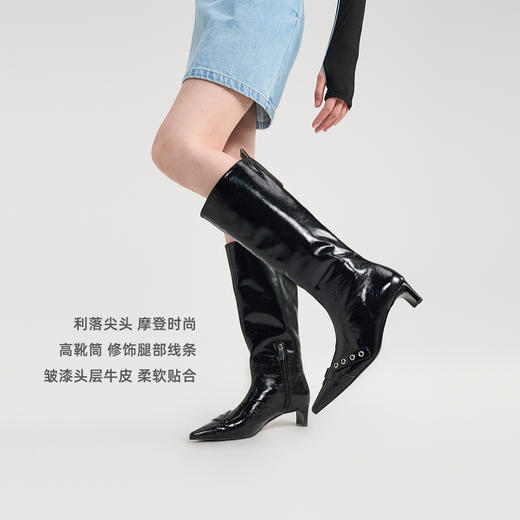 lost in echo2024秋冬新款猫跟尖头气眼条带低跟长靴高筒靴子女 商品图2