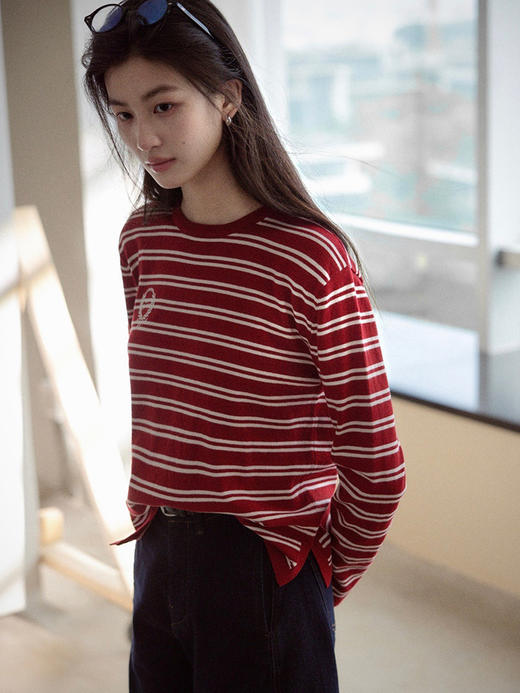 【现货】Even Vintage|时髦热红酒 文艺复古细条纹针织衫立体绣花时髦上衣 商品图1