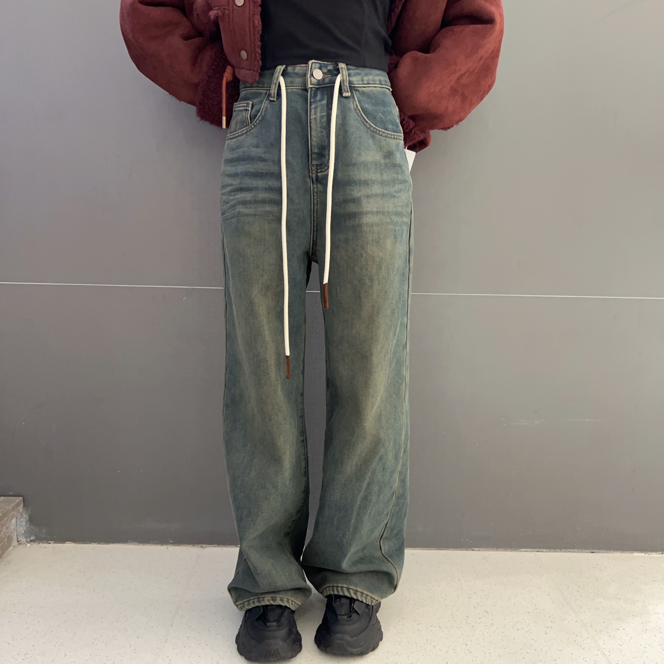 NS腰头抽绳染色植绒阔腿牛仔裤 冬季 850014142485