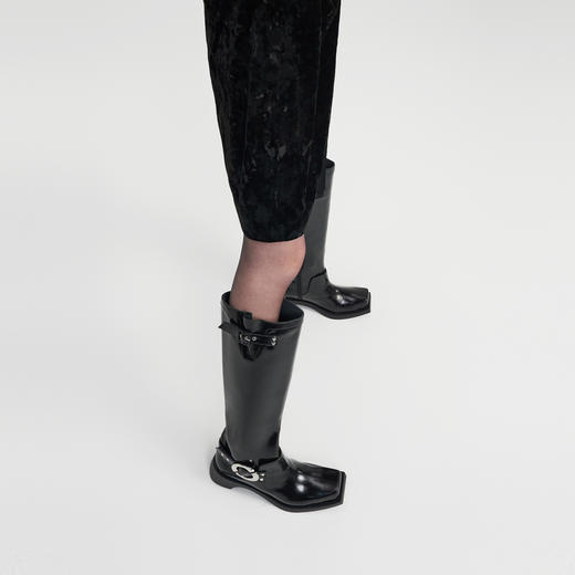 lost in echo2024秋冬新款时尚牛皮方头扣饰直筒机车靴子长筒靴女 商品图3