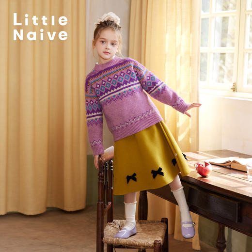 LittleNaive女童秋冬毛衣复古宽松费尔岛线衣儿童套头圆领针织衫 商品图2