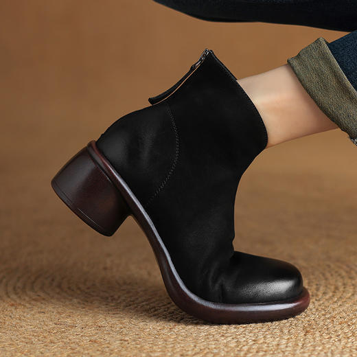 【预售5天】羊皮时装靴秋冬季新款圆头粗跟低跟女靴防水台拉链短靴女DPJ&7072 商品图1