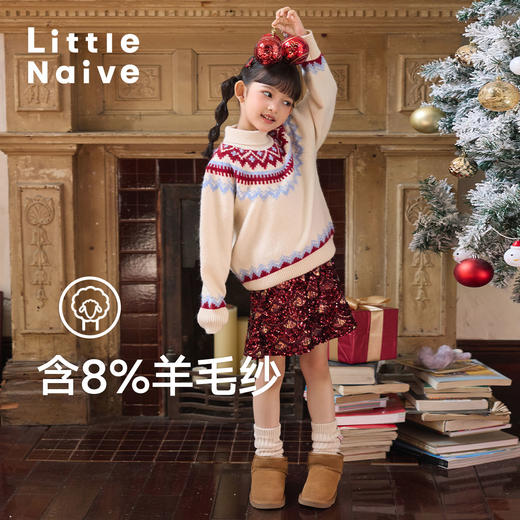 LittleNaive女童圣诞毛衣半高领费尔岛套头毛衣冬儿童复古针织衫 商品图1