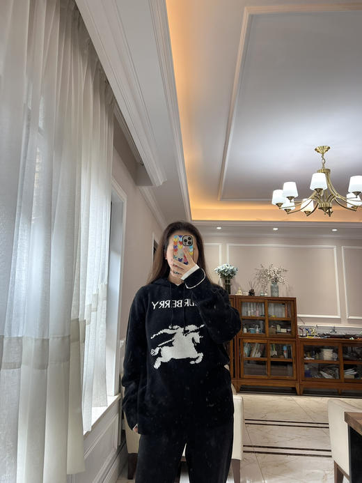 1218-3 独家圆正 BBR黑色羊毛羊绒 徽标字母 骑士战马 情侣款 连帽针织衫 商品图3